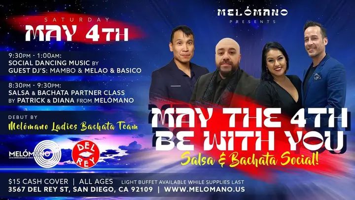 Join us for the May the Force be with you Melómano Social going down on Saturday, May 4th!! Wear your favorite Star Wars T-shirt! 💫🪐 💃🏽🕺🏼8:30pm to 9:30pm - Salsa & Bach
