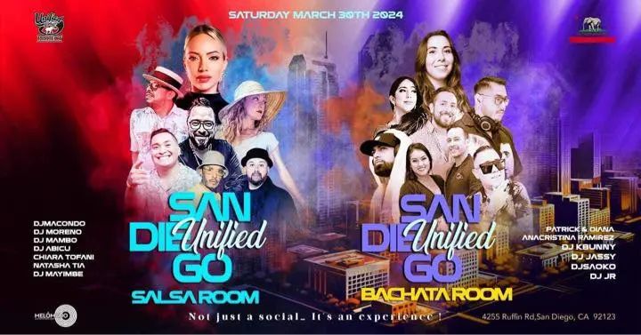 🎉SD Unified is this weekend! 🎉 SATURDAY, March 30th! 🌟WORKSHOP SCHEDULE:🌟 ✅Room 1: SALSA workshops 🔸7pm -8pm Open Level Salsa Body Movement Workshop with CHIARA! 🔸8p