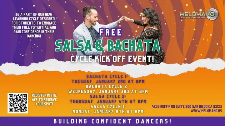 🎉New Year 🎉NEW SALSA & BACHATA DANCE CYCLES STARTS IN JANUARY!! 🥳 These Cycles have been a BIG hit! Come check it out for one FREE session! NOW is the time to learn new mov