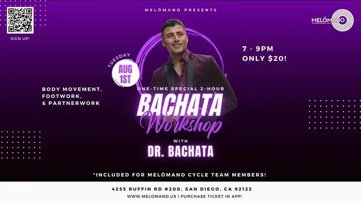 Join us for a special 2 hour bachata workshop with Dr. Bachata! 🎉 🗓️ Tuesday, August 1st ⏰ 7pm to 9pm! Only $20 for 2 hours Venmo @Diana-Trigo or Buy your ticket on the
