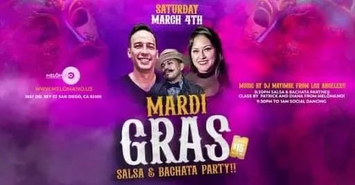 The Melómano ✨ Mardi Gras Salsa and Bachata Party is going down March 4th at Tango Del Rey! 🎉 Don’t miss this fun event!🥳 📿🎭We will be giving out beads and bracelets-