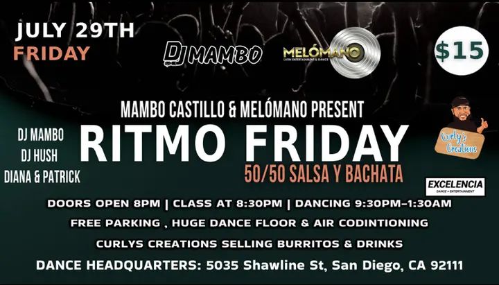 🔥🔥 TONIGHT🔥🔥 🤩RITMO FRIDAY SALSA Y BACHATA🤩 🗓 Friday, September 29th! 8:30pm Salsa & Bachata CLASS Melómano Directors DIANA & PATRICK 💃🏽 Dancing 9:30PM -1:30AM 🎧