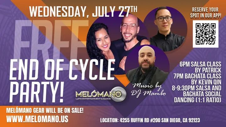 Melómano End of Cycle Party: FREE Classes and Salsa & Bachata Social! 7/27! It's time to celebrate! 🥳 Introducing the Melómano End of Cycle Party: FREE Classes AND Salsa &