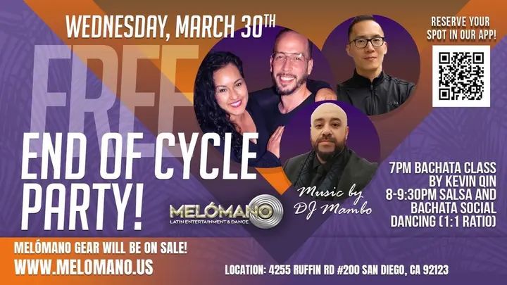 It's time to celebrate! 🥳 Introducing the Melómano End of Cycle Party: FREE Salsa & Bachata mini Social! Its going down Wednesday, March 30th! 💃🏽 Each Dance Cycle our Mel