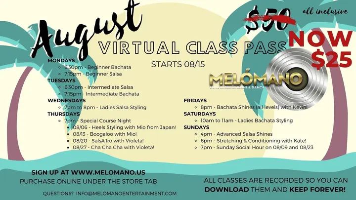 🚨 Only $25 for the following online classes: ✅ 2 classes with Violeta Salsera! ✅ 3 classes with Kevin Qin! ✅ 3 ladies Bachata styling classes! ✅ 2 Ladies Salsa styling c