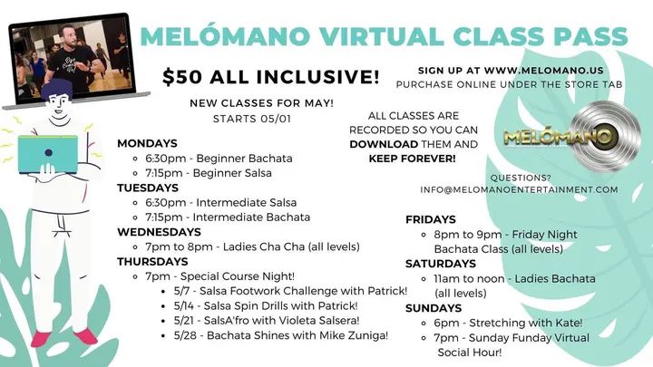 Introducing the Melómano Virtual Class pass for MAY! 🥳We've added new courses and more special classes all for the same low price of ONLY $50 for the month! 🤩 That’s 44 clas
