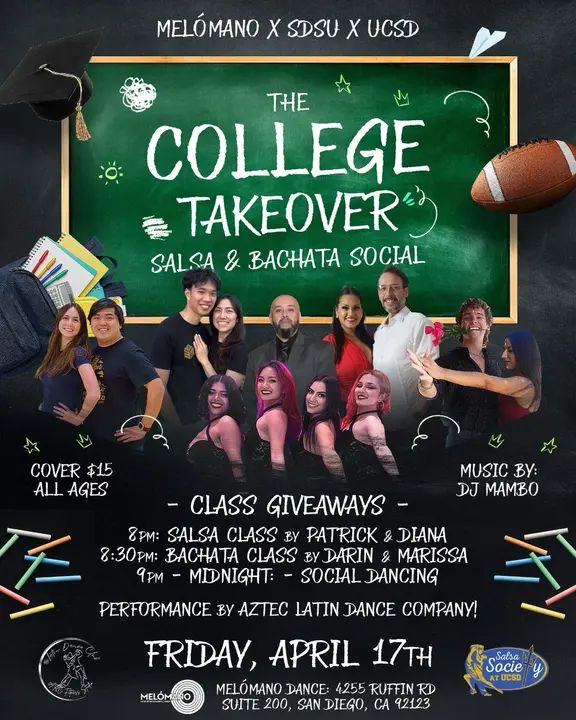 It's going down!!🎓THE COLLEGE TAKEOVER: Salsa & Bachata Social!💃🏽🕺🏻 Get ready for an epic night as the @sdsulatindance and @salsasocietyatucsd dance clubs are collaborat