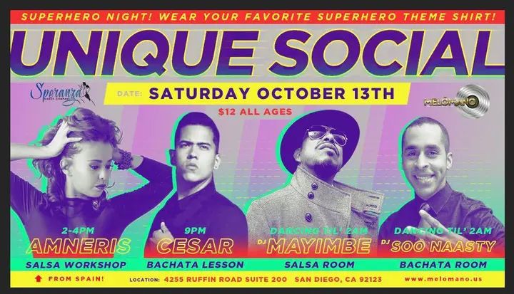 Unique Salsa & Bachata Social💃🏻 THIS SATURDAY October 13th!!! We’re dancing till 2am!!! 🔥🔥🔥 $12 for the social ✅ 9pm Bachata class by World Champion Cesar Mastache! Al