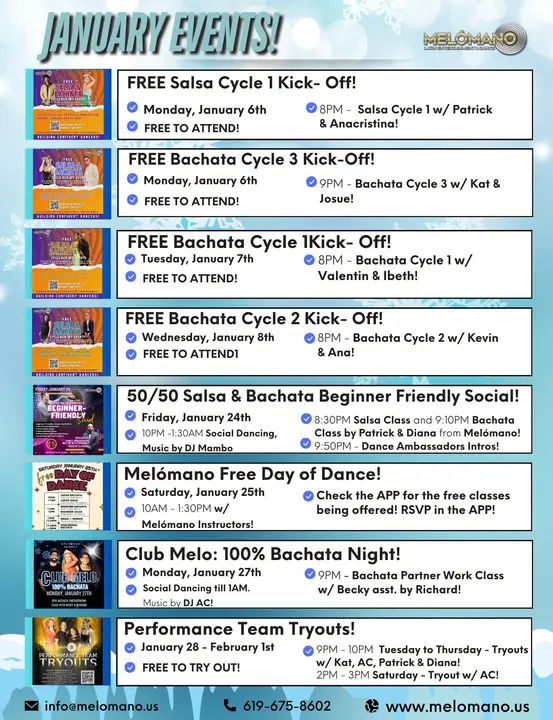January Events! ❄️ only at Melómano! 🔥 🚨 New Salsa & Bachata Dance cycles! Check the app for times and cycles to attend your first day for FREE! ✨🚨New Bachata Cycle 3 ale