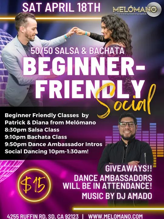 Get ready to dance!🤗 Our next Beginner Friendly Social is happening SATURDAY, April 18th!🙌🏻🤩 Melómano is dedicating this night to the new dancers in the San Diego Dance C
