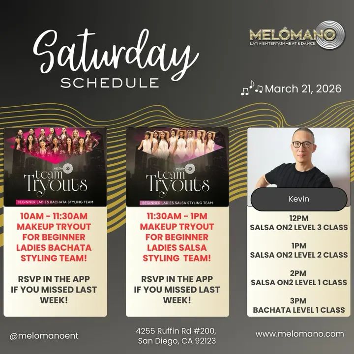 It’s the weekend and it is Saturday! Time to dance and have fun! Join us for Salsa & Bachata classes! 🥳 11am🔸 Beginner Bachata Ladies Try Outs 12pm🔸 Beginner Salsa Ladies