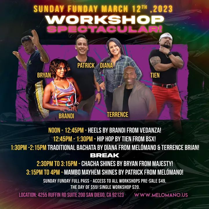 Sunday Funday Workshops! A little bit of everything to bring us together through the power of dance! We have brought together a great line up of instructors and different type