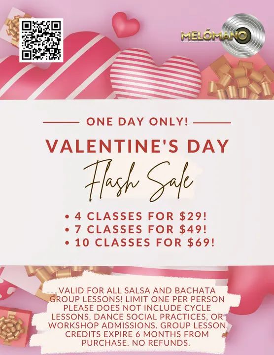 Happy Valentines Day! You’ll fall in love with this deal! 😍😍 4 Group classes for only $29! 🥳 Take advantage of the Melómano ONE DAY VALENTINES DAY SALE! 💕 💓 Valid for al