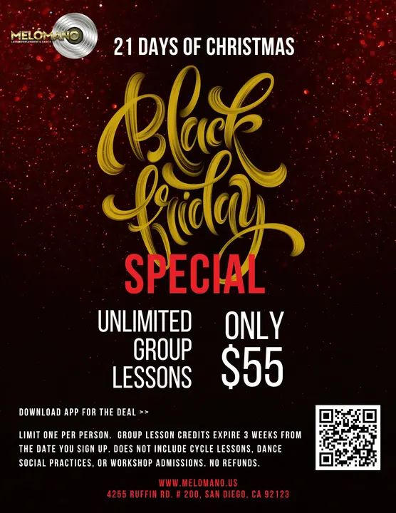 BLACK FRIDAY SPECIAL is LIVE NOW! 🤗UNLIMITED Group lessons for ONLY $55! Snag this exclusive deal on the Melómano App! Can also buy as a gift! 💃🏽 🕺🏼App Download link ⤵