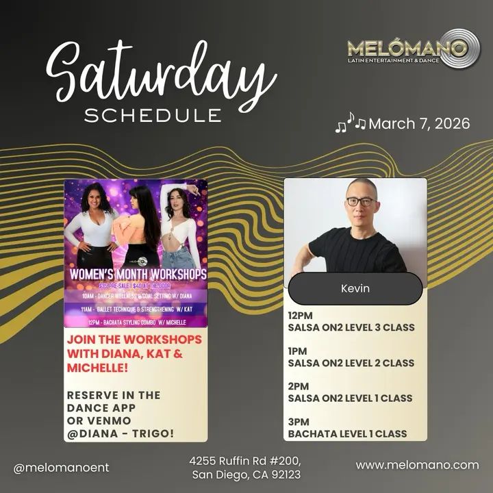 It’s the weekend and it is Saturday! Time to dance and have fun! Join us for Salsa & Bachata classes! 🥳 JOIN THE WOMEN’S MONTH WORKSHOPS WITH DIANA, KAT & MICHELLE! RESERVE