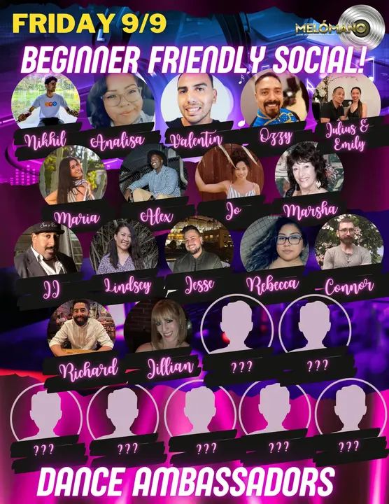 The amazing dance ambassadors keep coming!!!! 🥰 Welcome Jesse, Rebecca, Connor, Richard and Jillian!!! 🤗 They will be in attendance at the Melómano Beginner Friendly Socia