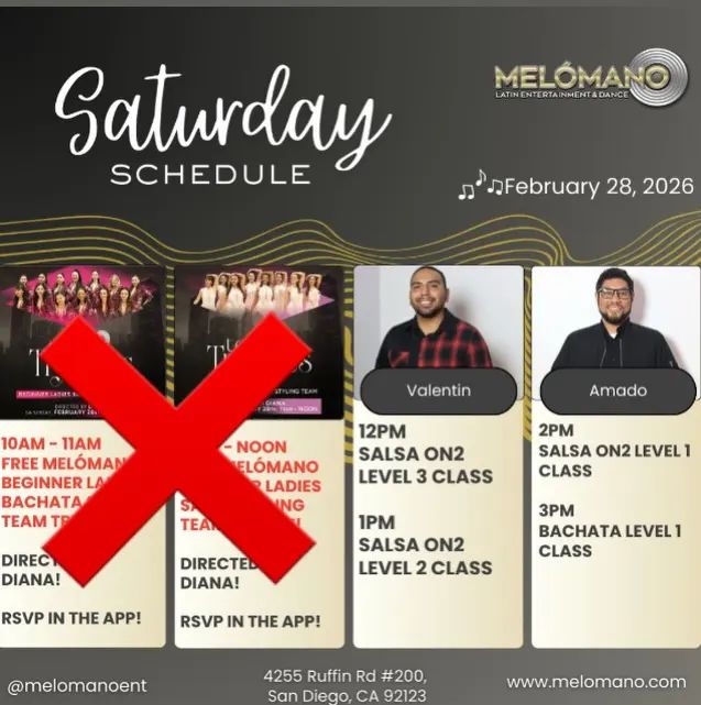 It’s the weekend and it is Saturday! Time to dance and have fun! Join us for Salsa & Bachata classes! 🥳 🚨NO LADIES TRYOUTS/TO BE RESCHEDULED🚨 ♥️ 12pm🔸Salsa On2 Level 3