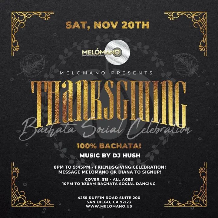 One week away 🌟 Melómano is having a Friendsgiving! Details below ⤵️ 🗓 DATE: Saturday, November 20th 👯‍♂️8-9:45PM - Friendsgiving Feast! Message Melómano (Via FB or IG) or