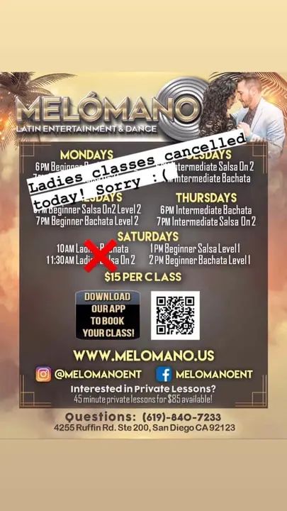 Ladies Classes are cancelled today! But the 1pm Beginner Salsa and 2pm Beginner Bachata classes are still on! 🔥🔥 #MelomanoEnt