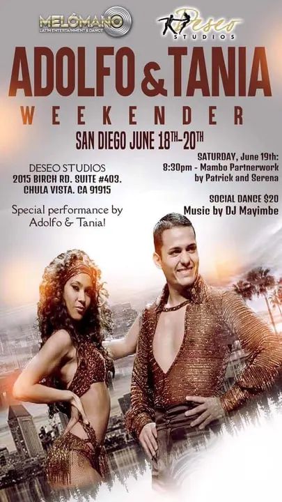 Tonight!!! Adolfo and Tania will be in the house!!! 🔥🔥🔥 Don’t miss it!! 8:30pm - Mambo Class by Patrick & Serena! Performance by Adolfo & Tania 🤩 Social Dancing to mus