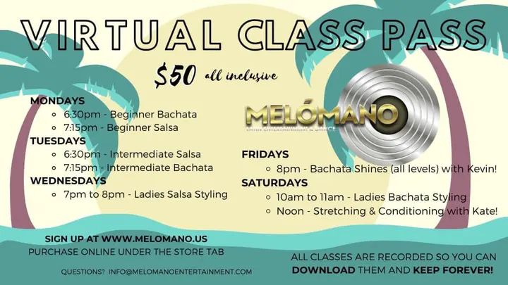 Stay active and healthy!! Get your Melómano Virtual Dance pass to help get you moving!! 💃🏽🎊 All dance classes are recorded so you can download them and keep them forever!