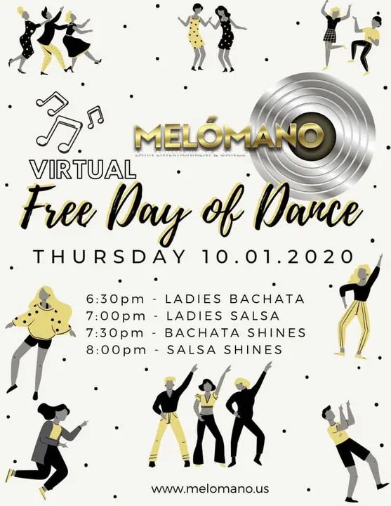 🚨 TODAY!!! FREE DAY OF DANCE!! Virtual Edition! 👨🏽‍💻💃🏽 Join us October 1st!! 🔹6:30pm Ladies Bachata 🔹7pm Ladies Salsa 🔹7:30pm Bachata Shines 🔹8pm Salsa Shines ZO