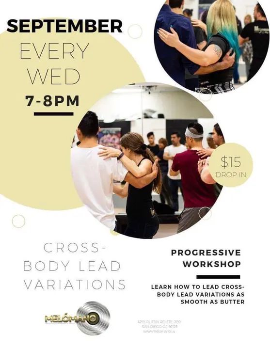 Week 2 of our special Cross-body lead workshop is tonight from 7pm to 8pm! We will be working on leading smooth Cross-body leads with 3 point turns and diving into reverse Cro