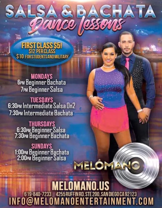 We’re open today! Come out and get your Bachata and Salsa on! 💃🏽 6pm Bachata With Valentin Jimenez! 7pm Salsa with Derrick Snell #MelomanoEnt #Bachata #Salsa #SanDiego