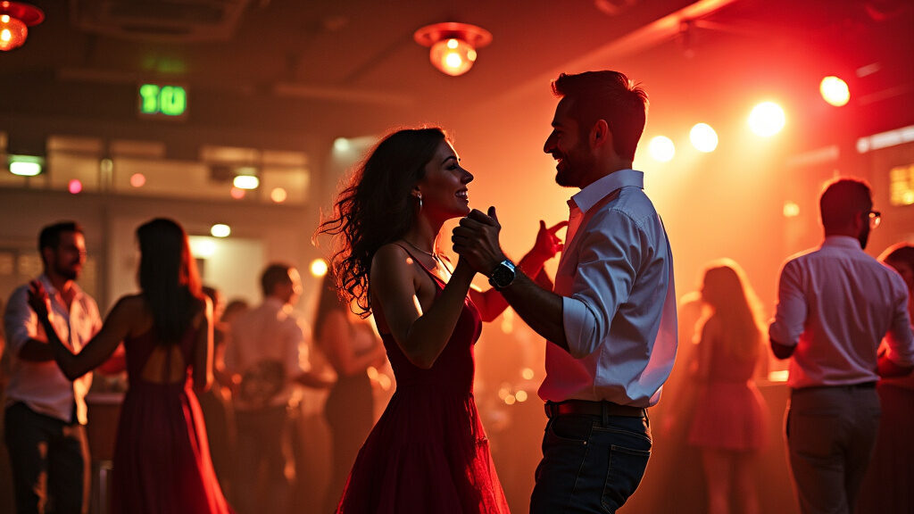The image captures a happy moment of salsa dancing in San Diego. A couple is seen enjoying a lively dance in a dimly lit room, where the ambiance is set by warm, reddish lighting. The background shows other dancers similarly engaged, contributing to a jo…